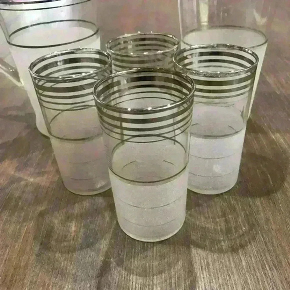 MCM West Virginia Glass Silver Nip Frost Ringed Cocktail Shaker/Pitcher/Glasses - Picture 2 of 9